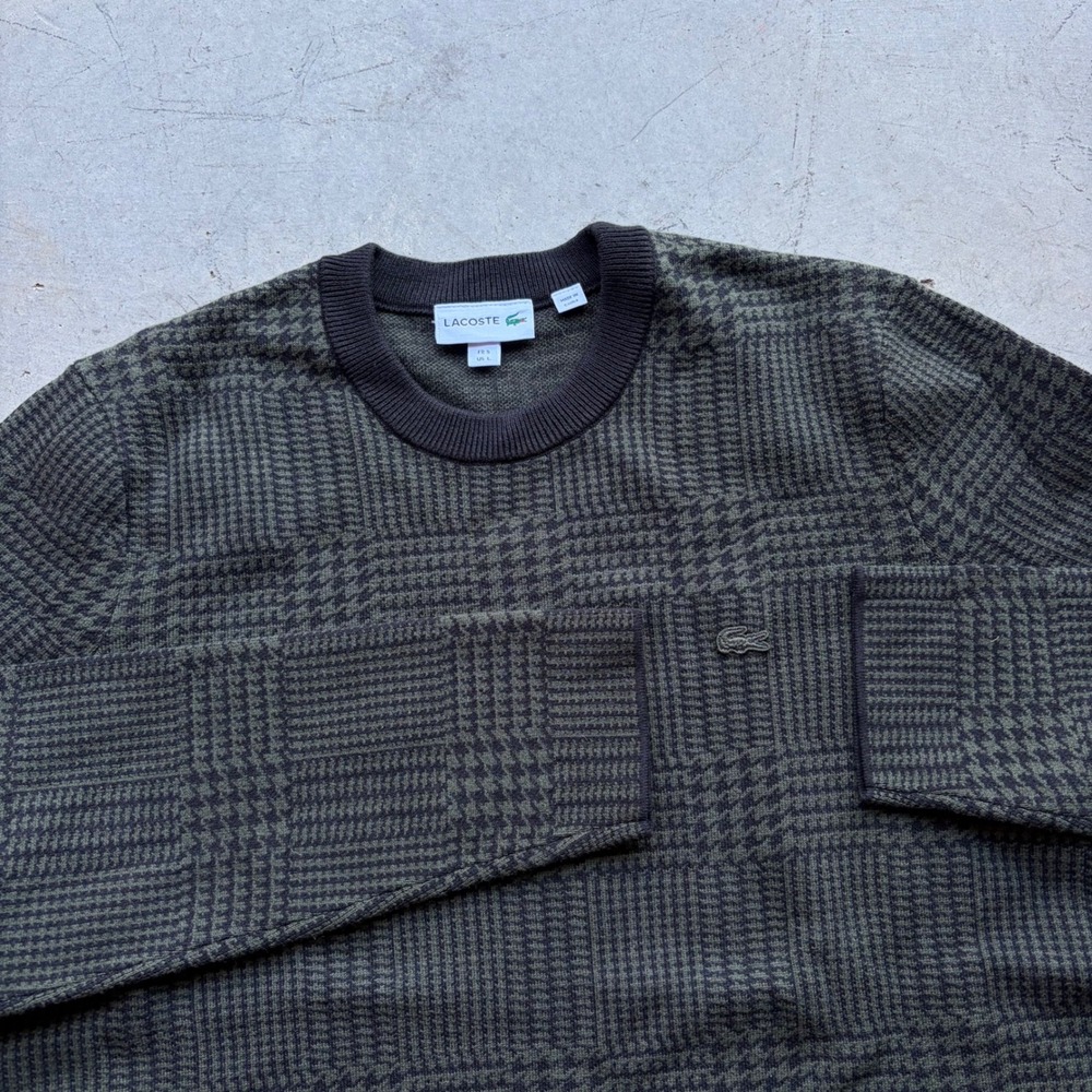 Lacoste Mens Green Plaid Wool Blend Crewneck Sweater Large AH7078